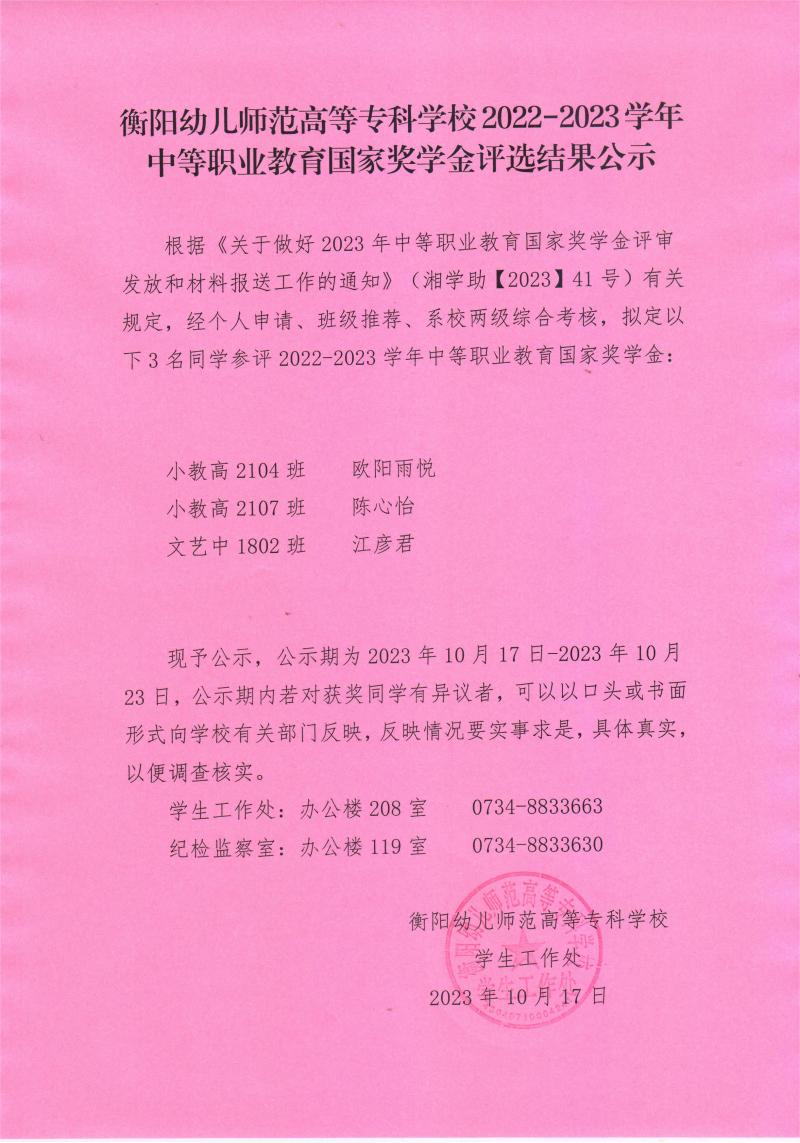 2022-2023学年中等职业教育国家奖学金评选结果公示——衡阳幼儿师范高等专科学校.jpeg